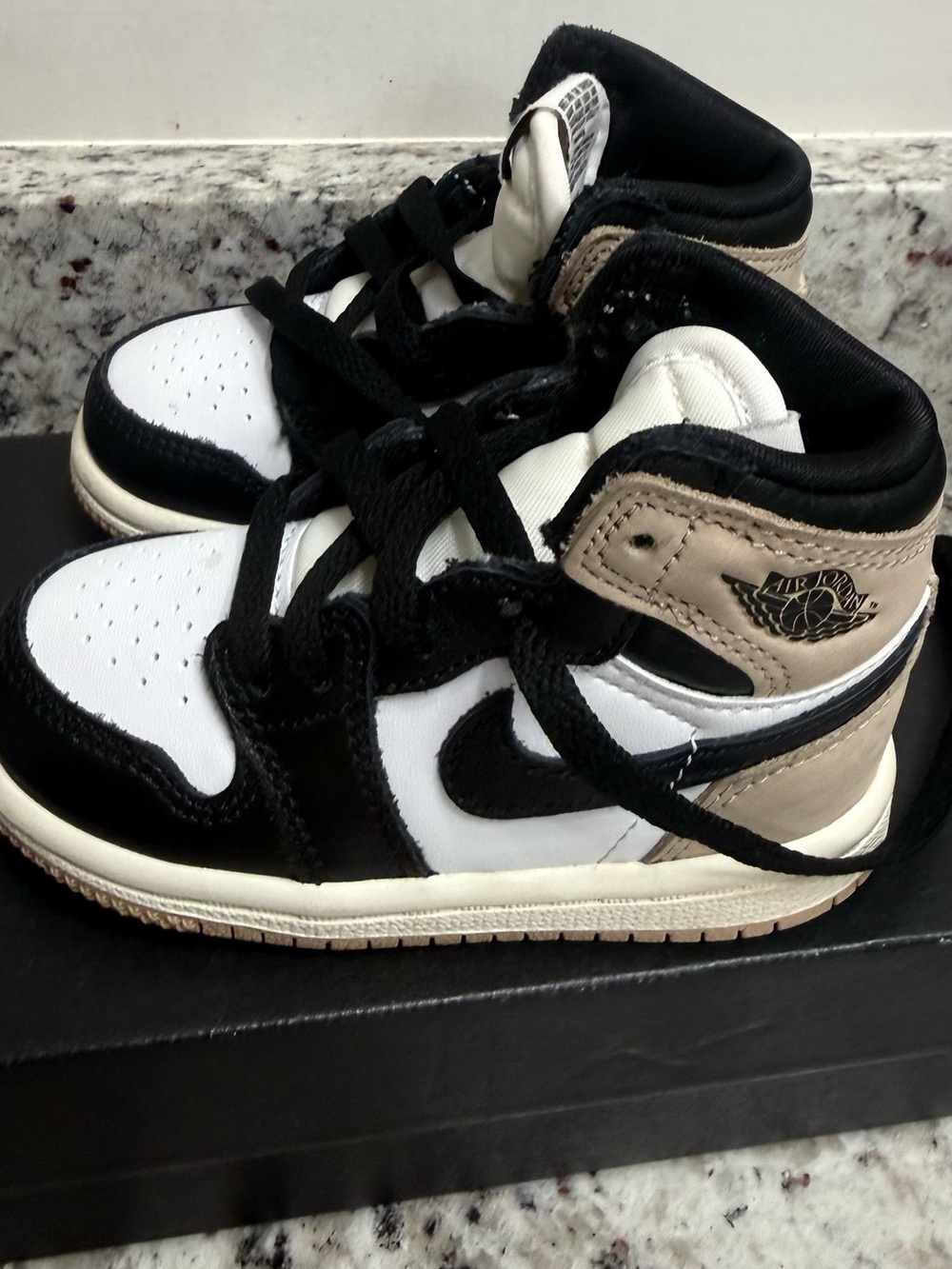 Jordan Kids High-Top Sneakers in White, Black & Beige